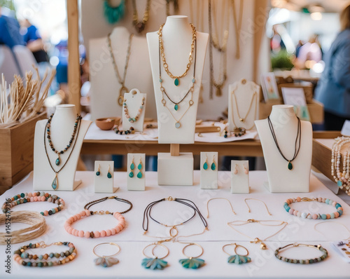 Vibrant display of handmade jewelry at a lively outdoor market showcasing elegant designs and unique craftsmanship