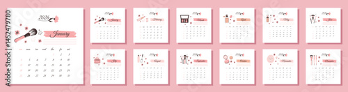 A modern, delicate calendar template for 2026 for a girl with makeup and makeup brushes in a fashionable style. The calendar grid showing the weeks starts on Sunday. Vector design.