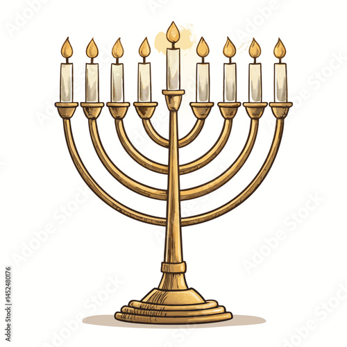 Create a vector illustration of a bold-stroked menorah with a glowing, golden effect.  The design should be suitable for a holiday greeting card.