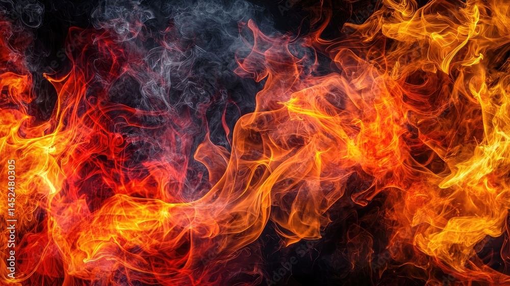 A dynamic interplay of fire and smoke against a dark backdrop. A dynamic interplay of fire and smoke against a dark backdrop.