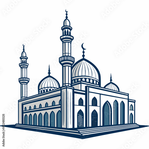 Create a vector illustration of a bold-stroked mosque silhouette, featuring prominent architectural details.  Include a detailed minaret and dome.
