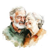 Watercolor embrace of an elderly couple reflecting enduring affection and togetherness on transparent
