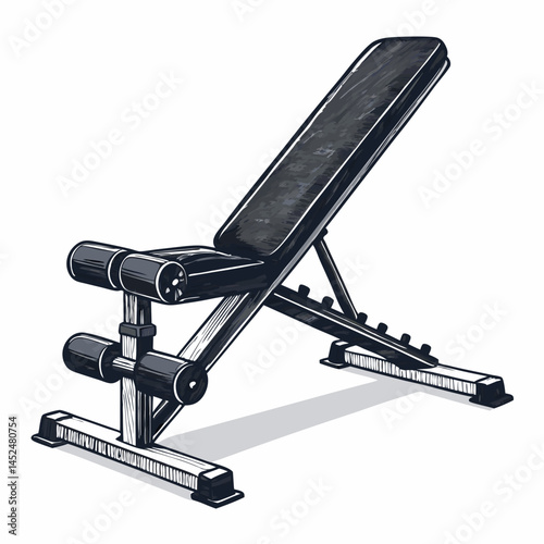 Create a bold vector illustration of an adjustable incline bench, showcasing its mechanism clearly.  Focus on thick, impactful lines.