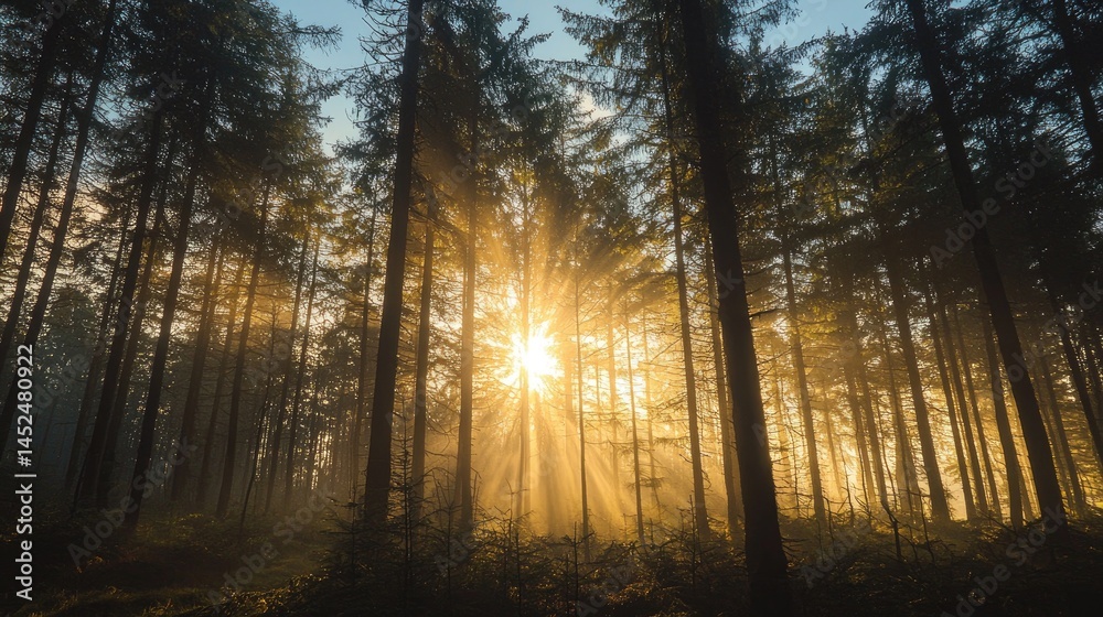 Golden sunlight streams through a dense forest canopy. Golden sunlight streams through a dense forest canopy.