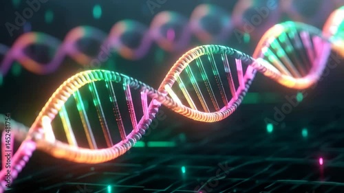 Dynamic neon dna helix with futuristic glow on digital grid background in motion