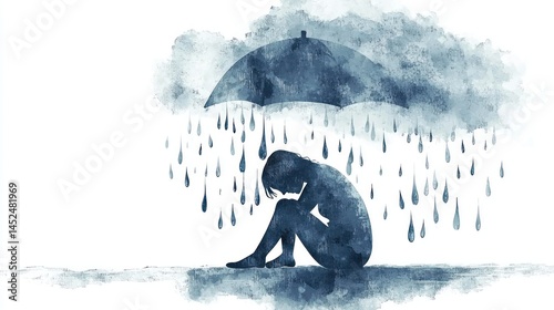 Illustration of a person sitting under a rain cloud, showing sadness and depression, white background