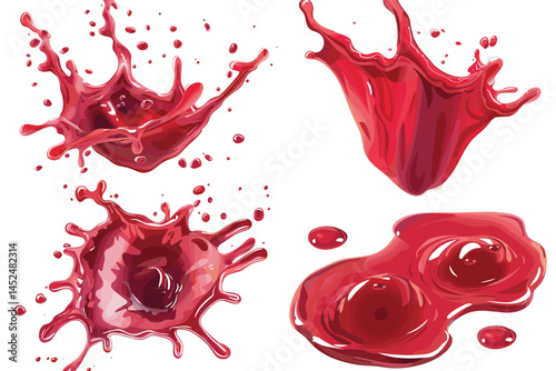 Blood spill set on a white isolated background. Red puddle of paint. Vector cartoon illustration.