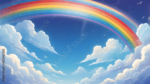 
A bright and cheerful illustration of a colorful rainbow arching across a clear blue sky, with soft, fluffy white clouds at both ends  ideal for children's books, educational materials,
