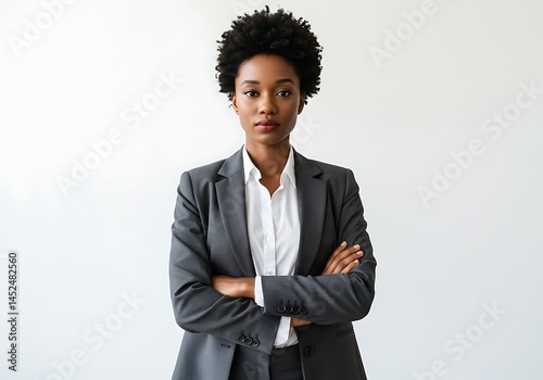 Portrait of a woman in a suit with arms crossed against a white background looking at the camera