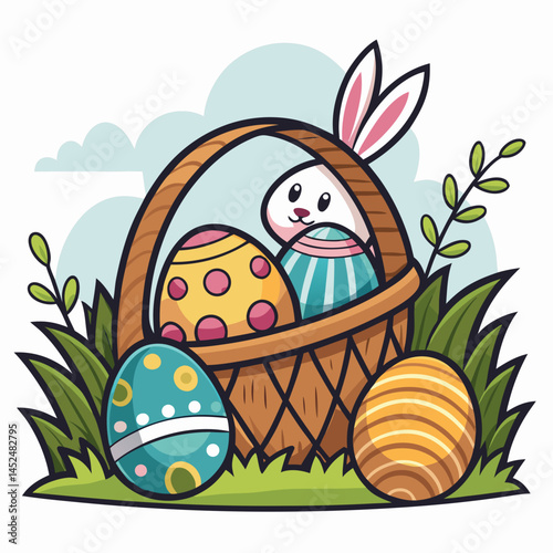 Create a bold vector illustration of a stylized Easter egg hunt scene, emphasizing thick outlines and vibrant colors. Include hidden eggs and children searching.