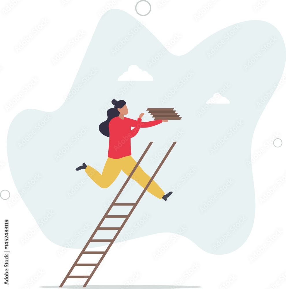Naklejka premium Build ladder of success, develop stair to improve opportunity, career path or job achievement, growth step to progress overcome challenge concept, character life .