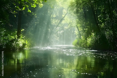 Serene River Flows Through Lush Forest, Sunlight Dapples Water's Surface, Creating Magical Atmosphere, Tranquil Escape in Nature's Embrace, Peaceful Sounds of Wildlife.