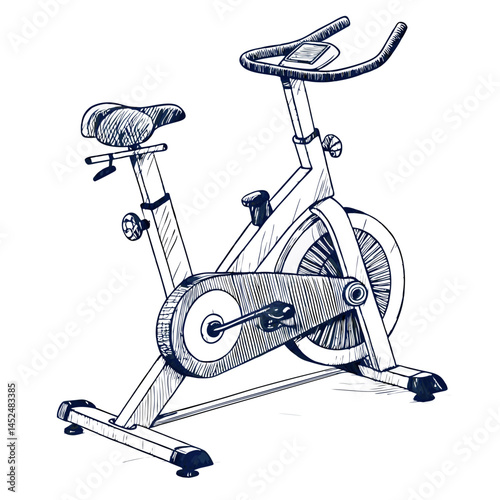 Create a bold, vector illustration of an exercise bike, emphasizing strong lines and solid colors.  Include details like the seat, handlebars, and pedals.