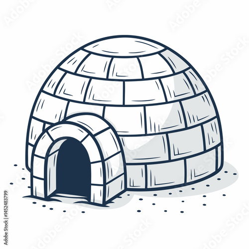 Create a bold, vector illustration of an igloo with a clearly defined entrance, emphasizing strong black outlines.  Include snowy landscape details.