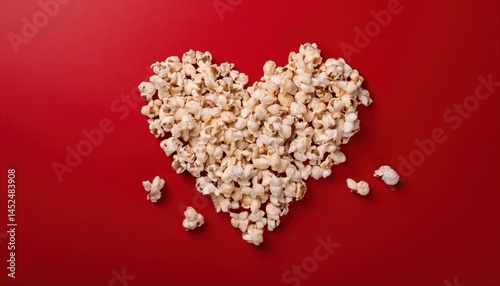  heart shaped popcorn on red background for valentine's day themes, snack branding, food blogs, social media, and romantic design visuals