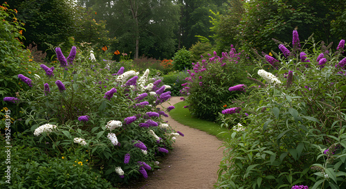 Pathway Through A Blooming Garden With Butterfly Bushes And Greenery photo