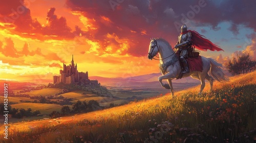Knight on horseback at sunset over a medieval landscape