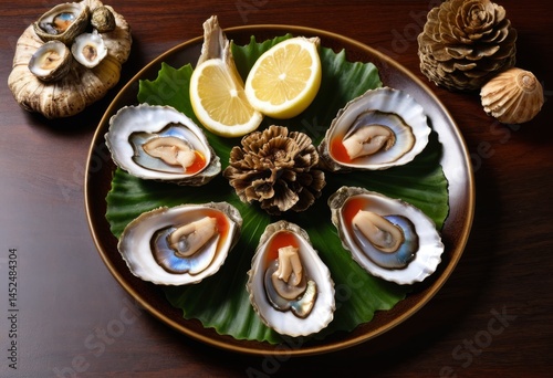 One leaf has a plate of oysters surmounted by a lemon wedge photo