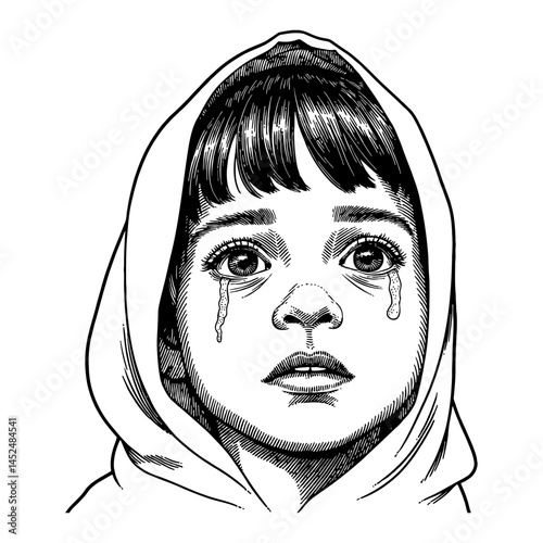 Arab Girl Crying With Tears in Hooded Gown Black and White Outline Line Art Drawing