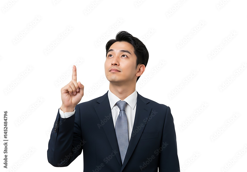 A man in a suit points upward with a thoughtful expression on a plain white studio background image A man in a suit points upward with a thoughtful expression on a plain white studio background image