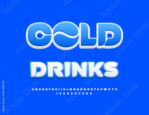 Vector Creative Advertisement Cold Drinks with Artistic Emblem. Stylish White and Blue Font. Decorative Alphabet Letters and Numbers set.