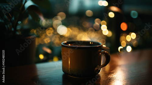 A cozy coffee mug at a nighttime cafe perfect for easiness