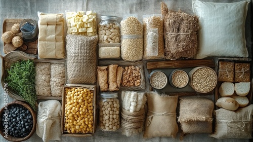 Aerial view of assorted grains, nuts, and snacks arranged on a neutral backdrop for culinary use