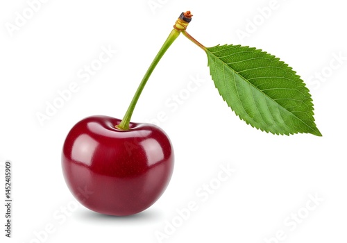 Wallpaper Mural A single dark red cherry with a green stem and leaf on a white background in high resolution photo Torontodigital.ca
