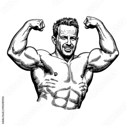 Strong Man Flexing Biceps Showing Muscular Strength Black and White Outline Line Art Drawing