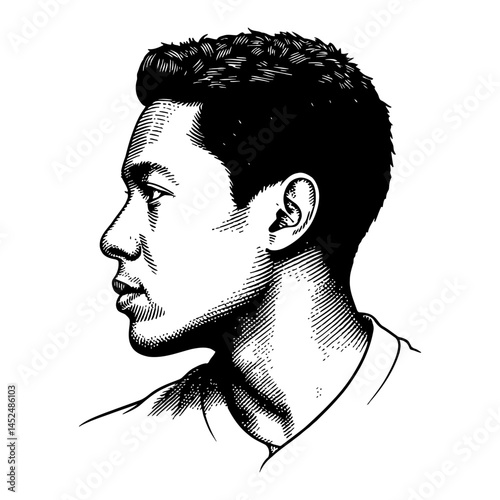Short Haired Man Side View Portrait Black and White Outline Line Art Drawing Illustration