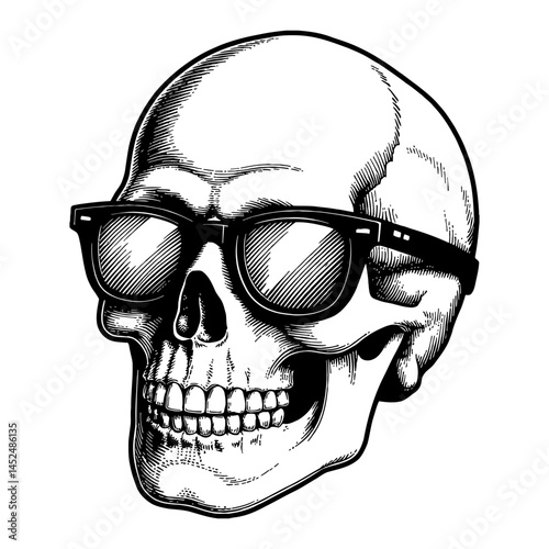 Skull Wearing Glasses Illustration Detailed Black and White Outline Line Art Drawing