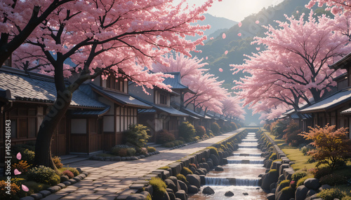 Dreamlike Japanese Village with Falling Cherry Blossoms photo