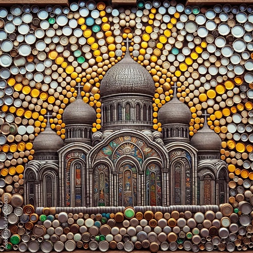 Bottle caps as architectural mosaics Metal caps flattened and ar