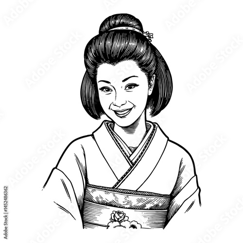 Smiling Japanese Woman with Traditional Hairstyle and Kimono in Black and White Line Art Drawing