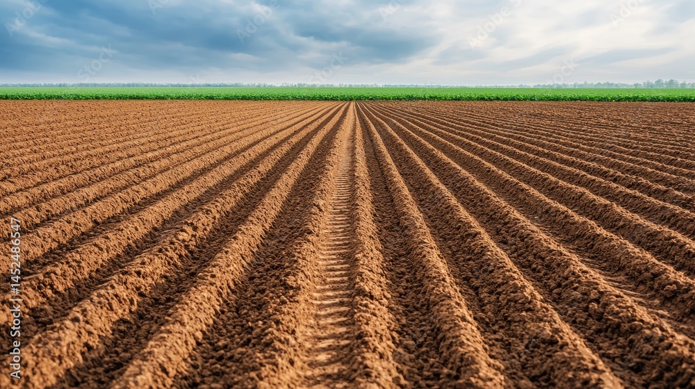 Freshly Plowed Field with Neat Rows Under Dramatic Cloudy Sky Freshly Plowed Field with Neat Rows Under Dramatic Cloudy Sky