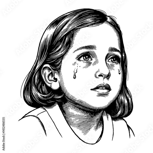 Crying Arab Girl with Tears Flowing Down Face Black and White Outline Line Art Drawing