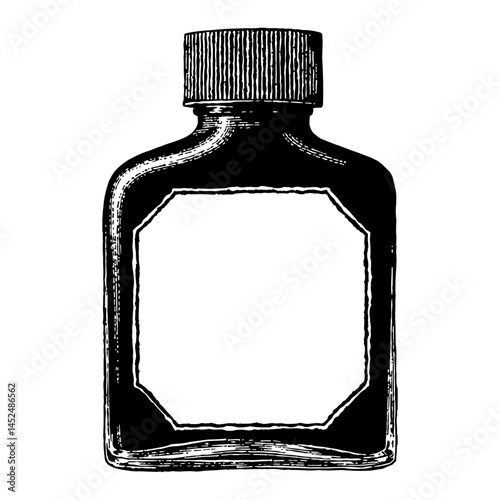 Black Ink Bottle with Blank Label Vintage Style Black and White Outline Line Art Drawing