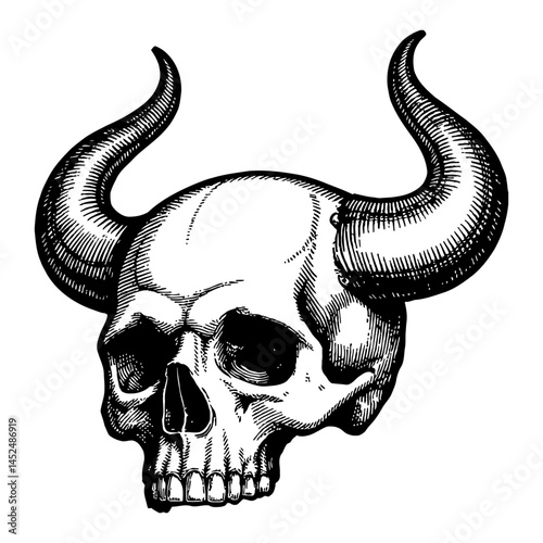 Human Skull with Devil Horns Black and White Outline Line Art Drawing Engraving Illustration