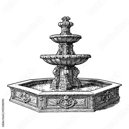 Ornate Stone Fountain with Intricate Carvings and Basins in Black and White Outline Line Art Drawing