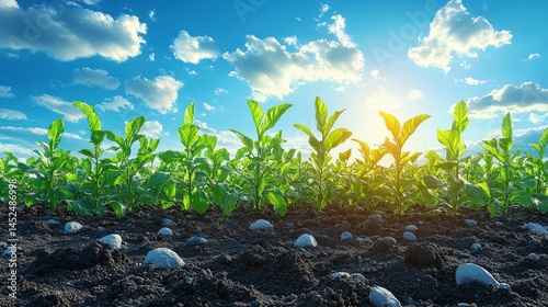 Lush green crop field under a bright blue sky with fluffy clouds and a warm sun setting