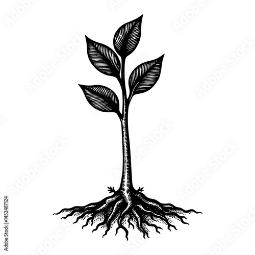 Young Tree Sapling with Detailed Roots Visible Black and White Outline Line Art Drawing