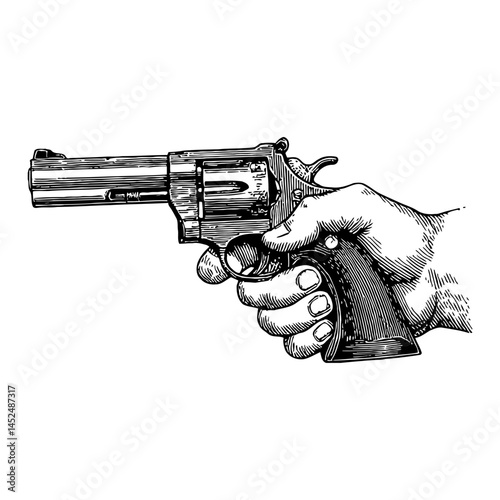 Hand Holding Revolver Pistol Front View in Vintage Black and White Outline Line Art Drawing