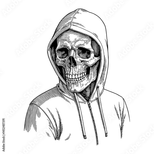 Skull in Hoodie Black and White Outline Line Art Drawing of Death Wearing Streetwear Outfit