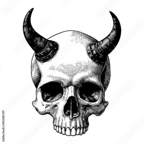 Human Skull with Devil Horns Front View Black and White Outline Line Art Drawing