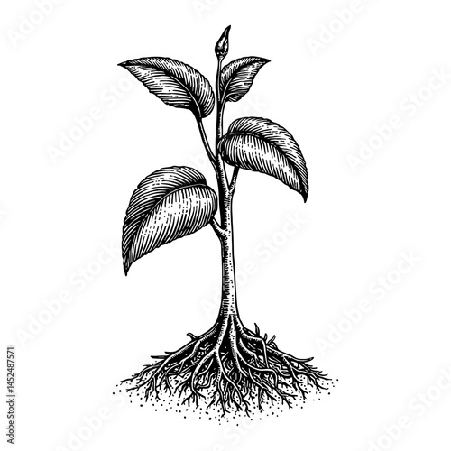 Small Plant with Visible Detailed Roots Engraving Style Black and White Outline Line Art Drawing
