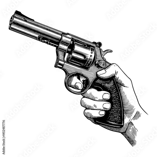 Hand Holding Revolver Pistol Detailed Black and White Outline Line Art Drawing Sketch Illustration