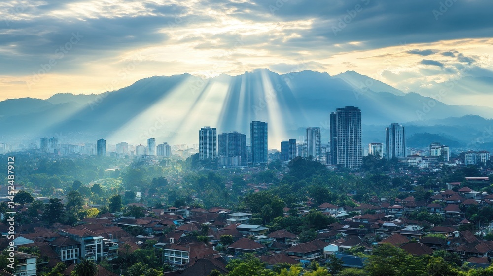 Fototapeta premium Urban landscape at dawn, sunbeams piercing through clouds over cityscape