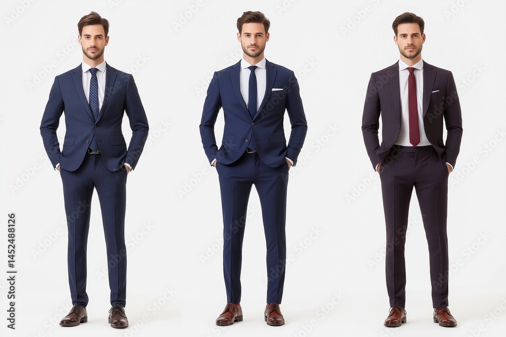 Elegant Men's Fashion: Tailored Suits and Stylish Office Wear front view. Elegant Men's Fashion: Tailored Suits and Stylish Office Wear front view.