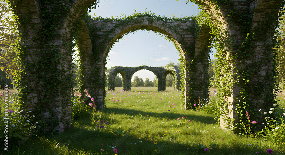 Obraz premium Ancient Stone Arches And Ivy Overgrown In Pastoral Meadow Landscape