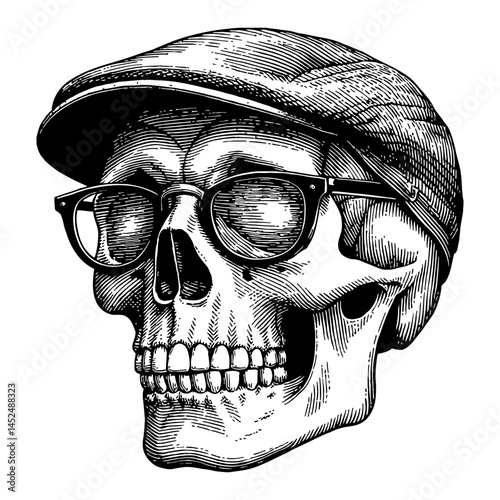 Skull Wearing Flat Cap and Vintage Glasses in Black and White Outline Line Art Drawing